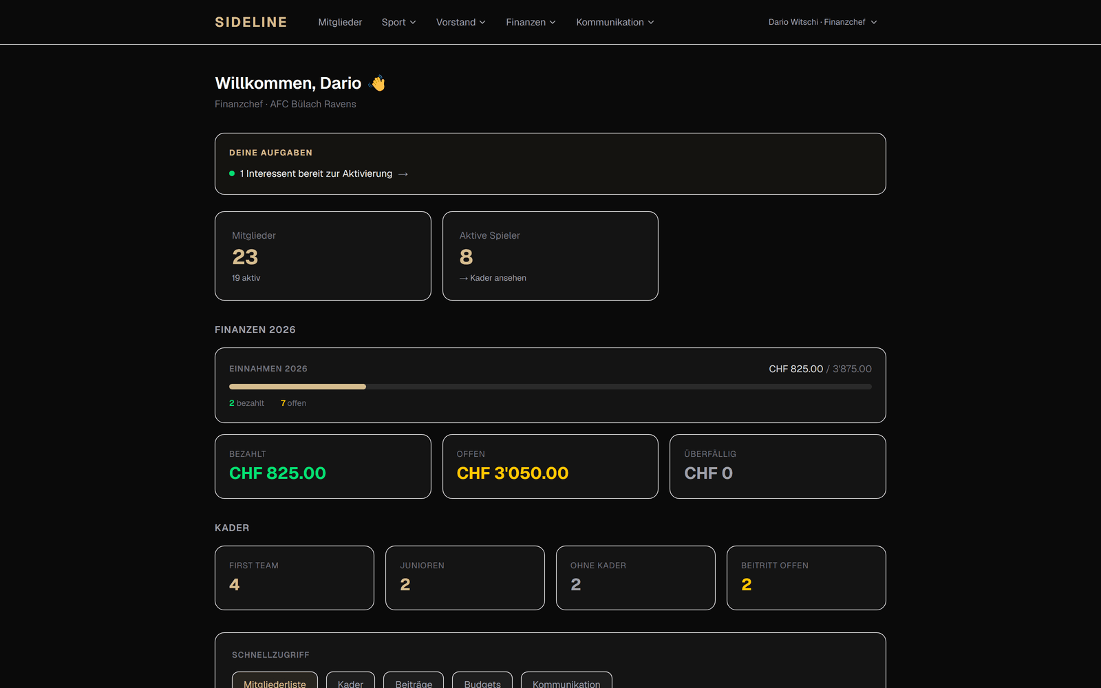 Sideline-Dashboard mit Mitgliederzahl, offenen Beiträgen und anstehenden Aufgaben